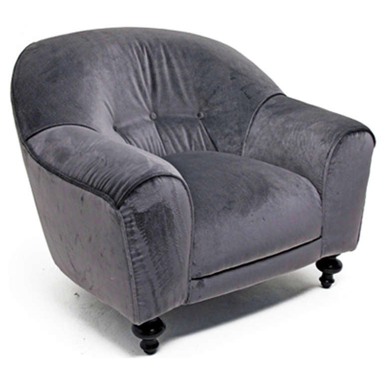 Vintage grey velvet club chair on ebonized turned ball feet - Italy, 1970's.