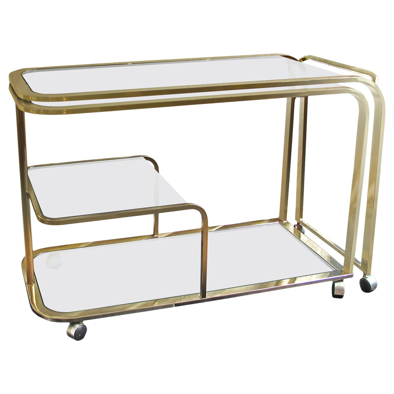 1970s Brass Extending Swivel Rolling Bar Cart