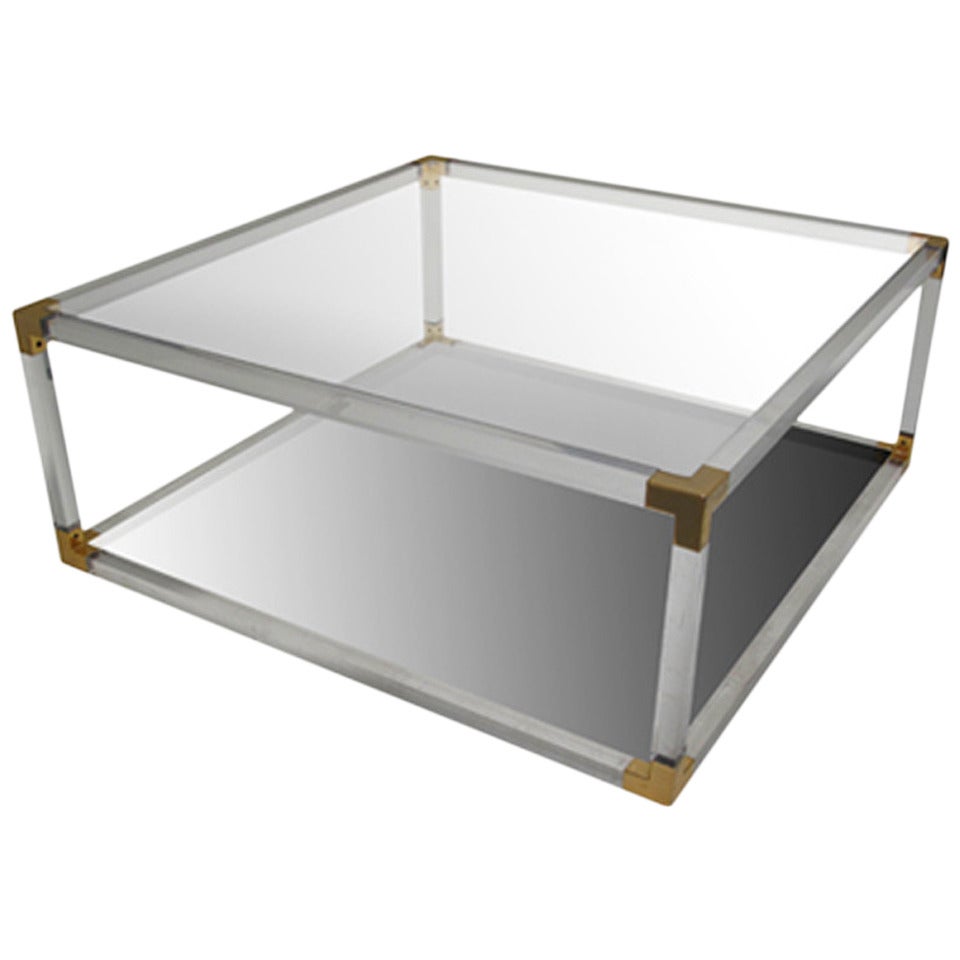 Vintage Square Lucite and Brass Coffee Table