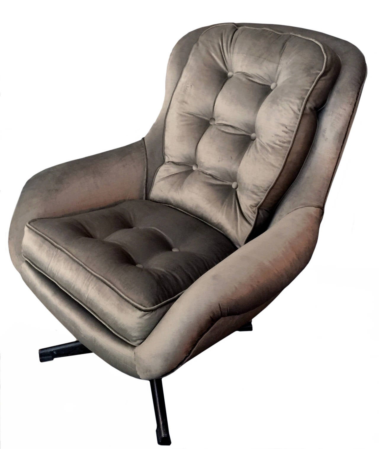 Mid-Century Modern 1970s Velvet Button-Back Swivel Chair