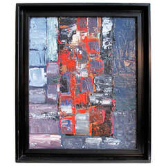 Vintage French Abstract Red, Greys, and Black Painting