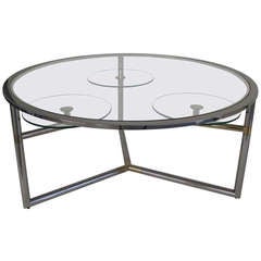 Vintage Round Brass and Chrome Coffee Table With Swiveling Shelves