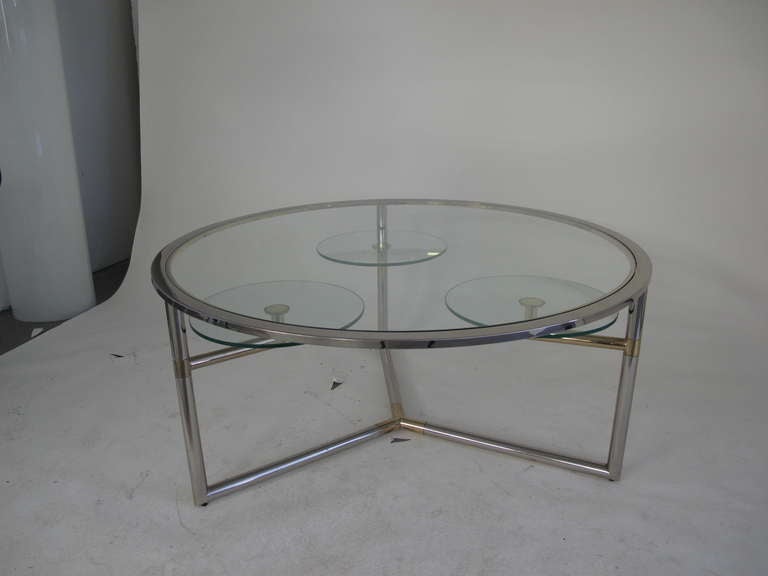Vintage Round Brass and Chrome Coffee Table With Swiveling Shelves