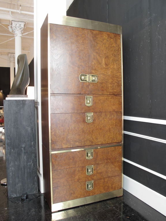 Tall Brass and Burlwood Secretary/Media Cabinet