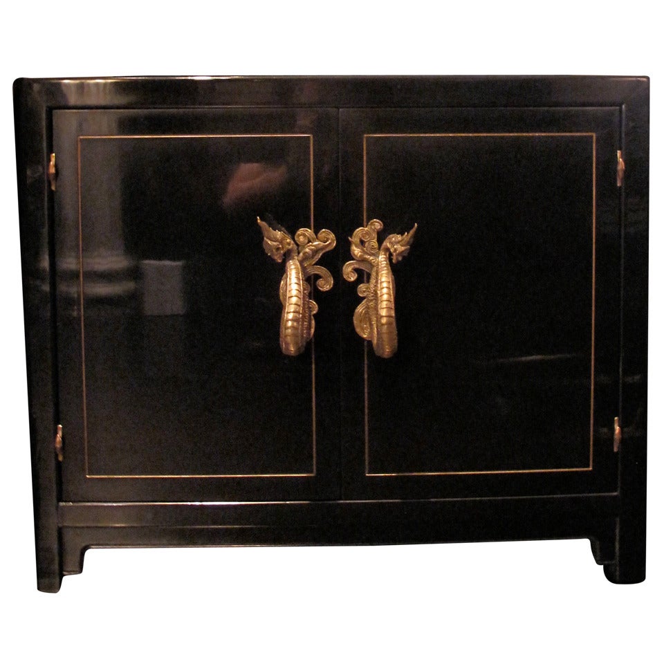 Vintage Chinoiserie Style Black Lacquer Cabinet