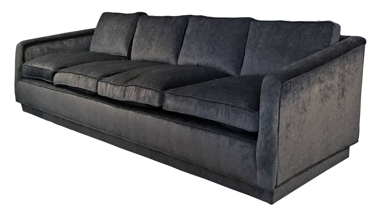 1960s Long Angled-Arm Sofa in Grey Velvet