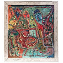 Mid-Century Colorful Figurative Abstract Painting in Reds, Blues and Greens 1