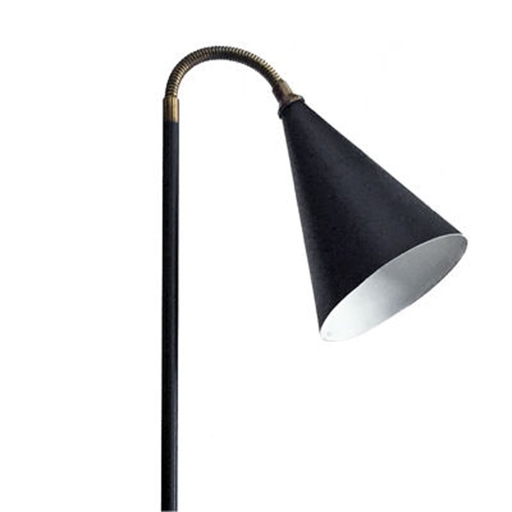 Vintage Arteluce style floor lamp with black metal cone shade and white, round marble base.