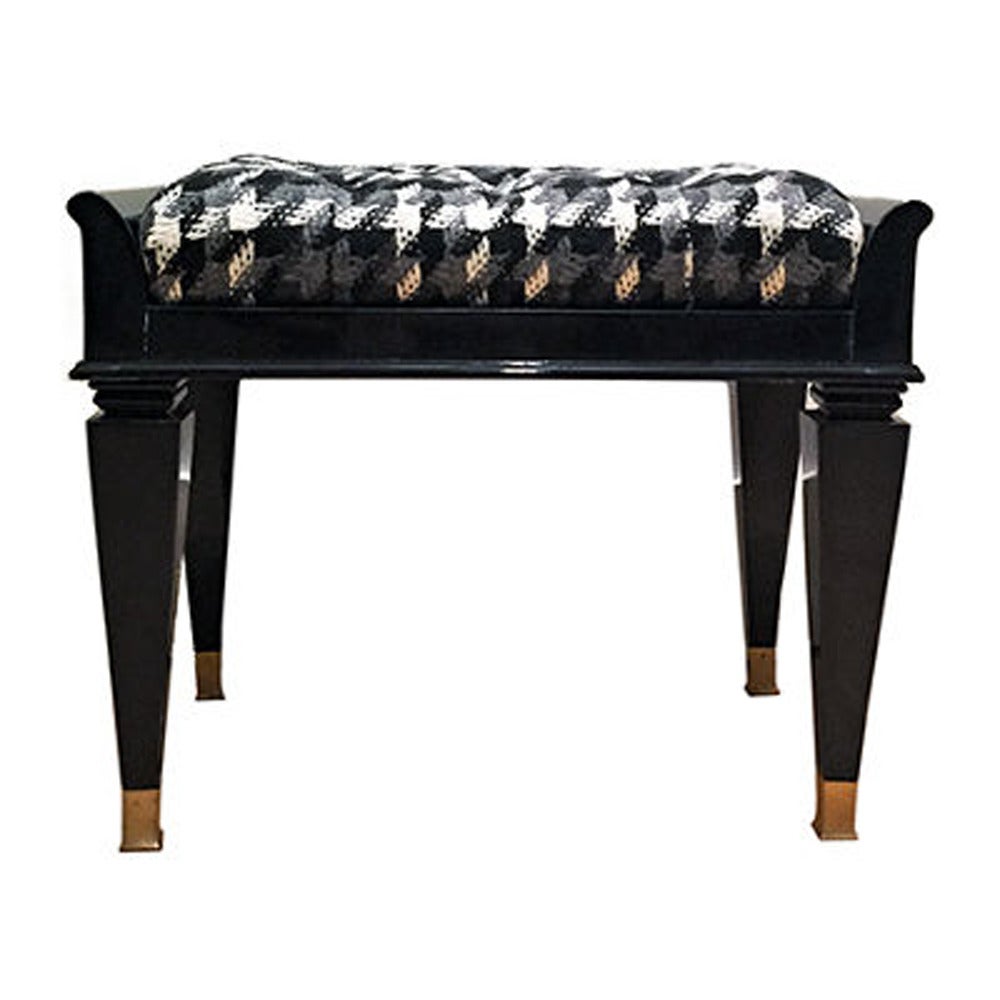 Vintage black lacquer stool with button tufted houndstooth upholstery and brass capped feet - French, 1940's.