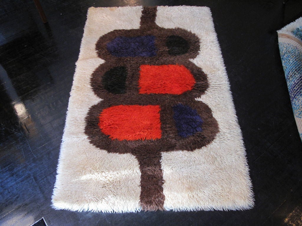 Vintage 1960's Danish Modern Rya rug, IB Antoni for Egetaepper Rya Desso. Brown, cream, orange, and purple.