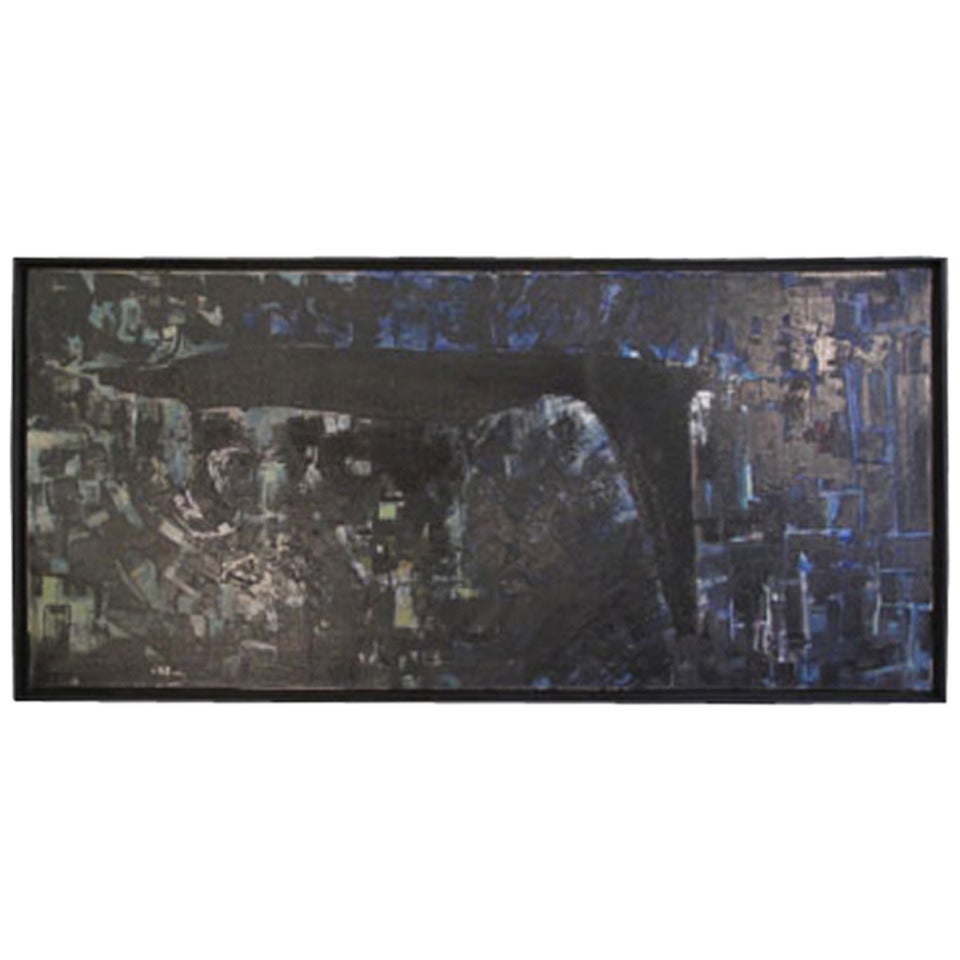 1960s Abstract Oil on Canvas in Blue, Black and Grey