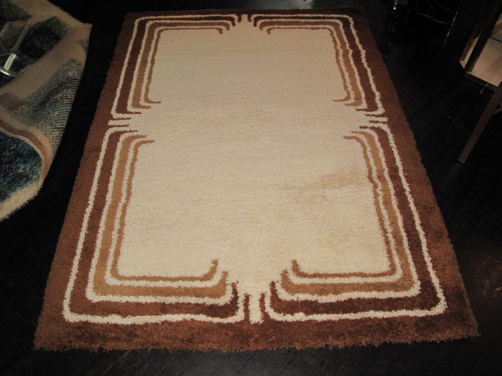 Vintage 1960's Danish Modern Rya rug, brown and gold border on cream.