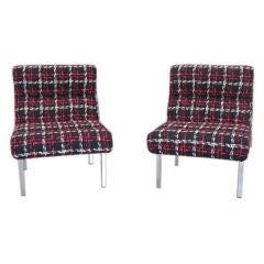 Pair of 1970's Italian Square Back Lounge Chairs on Chrome Legs