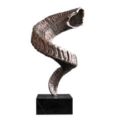 Vintage Bronze Cast of Ram's Horn on Black Marble Base