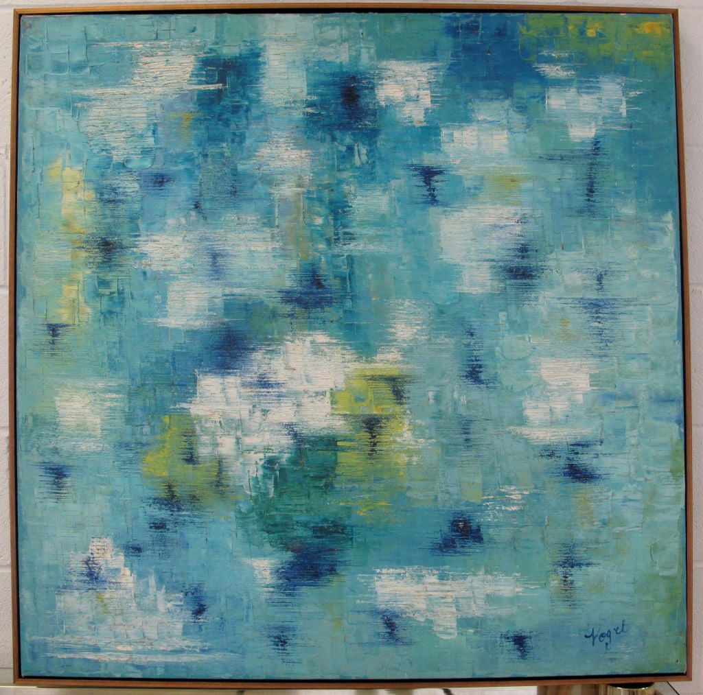 American 1970's abstract blue and green painting on canvas. Signed 