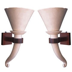 Pair of Vintage White Plaster Horn Sconces with Wood Arm