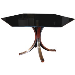 Chrome and Brass Tulip Base Dining Table with Smoke Glass Top