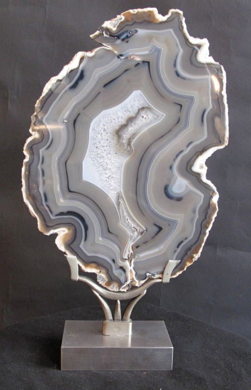 1970's French agate sculpture on brushed metal stand.