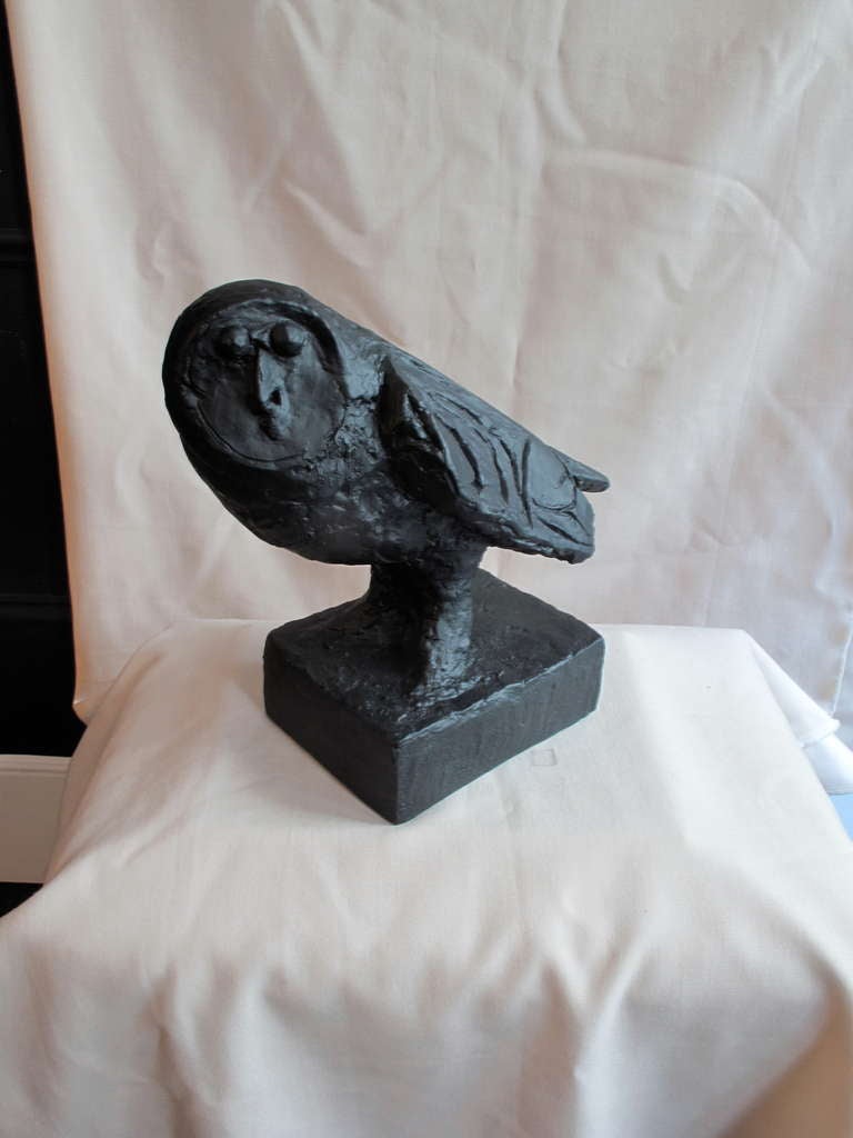 Large black cast resin owl sculpture, in the style of Picasso. By Austin Productions, signed 