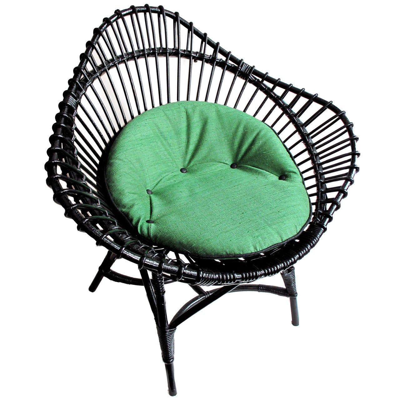1950's Black Wicker Chair with Custom Green Buttoned Cushion