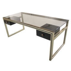 1970
s French Brass Frame Desk with Smoke Glass Top