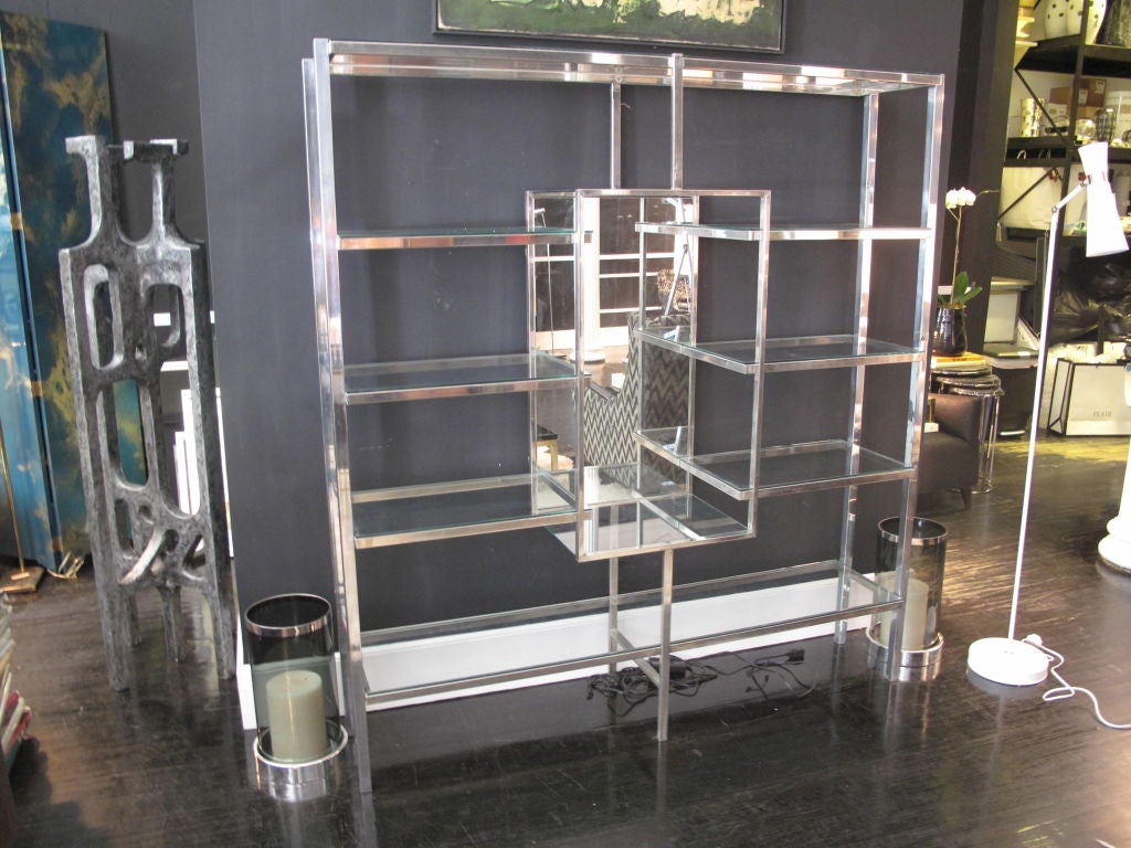 1970's French Chrome, Glass and Mirror Etagere