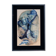 Vintage Blue Green Abstract Swirl Watercolor on Paper