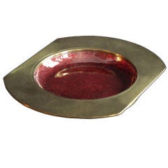 Vintage Del Campo Oval Brass Bowl with Enameled Crimson Interior