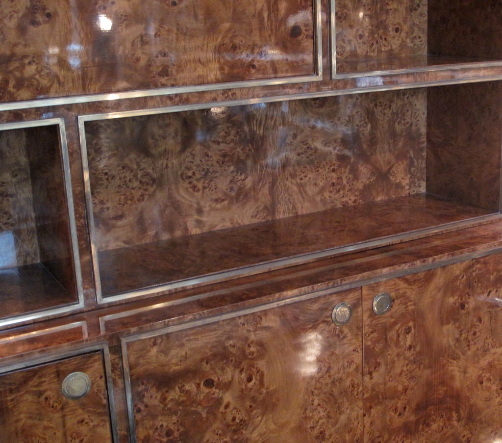 French 1970's Burlwood and Brass Bookcase