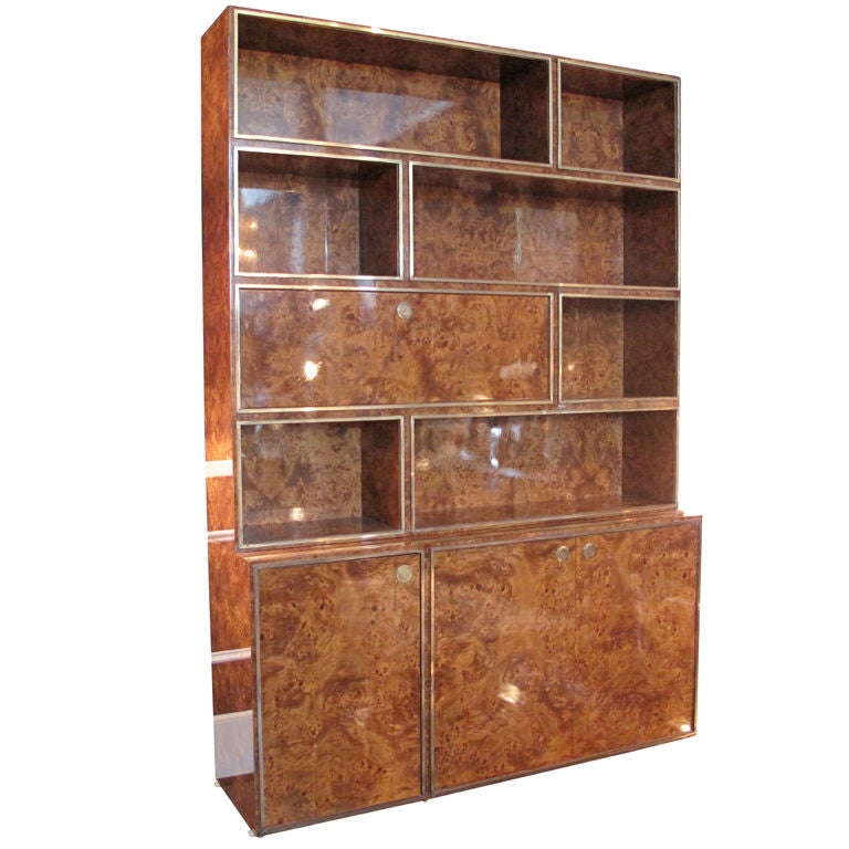1970's Burlwood and Brass Bookcase