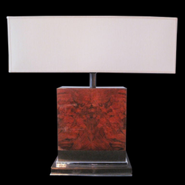 1970's French Burlwood Block Table Lamp on Brass and Chrome Base