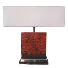 1970's French Burlwood Block Table Lamp on Brass and Chrome Base