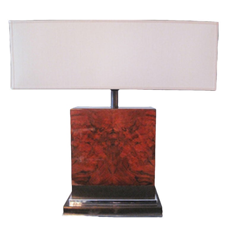 1970
s French Burlwood Block Table Lamp on Brass and Chrome Base