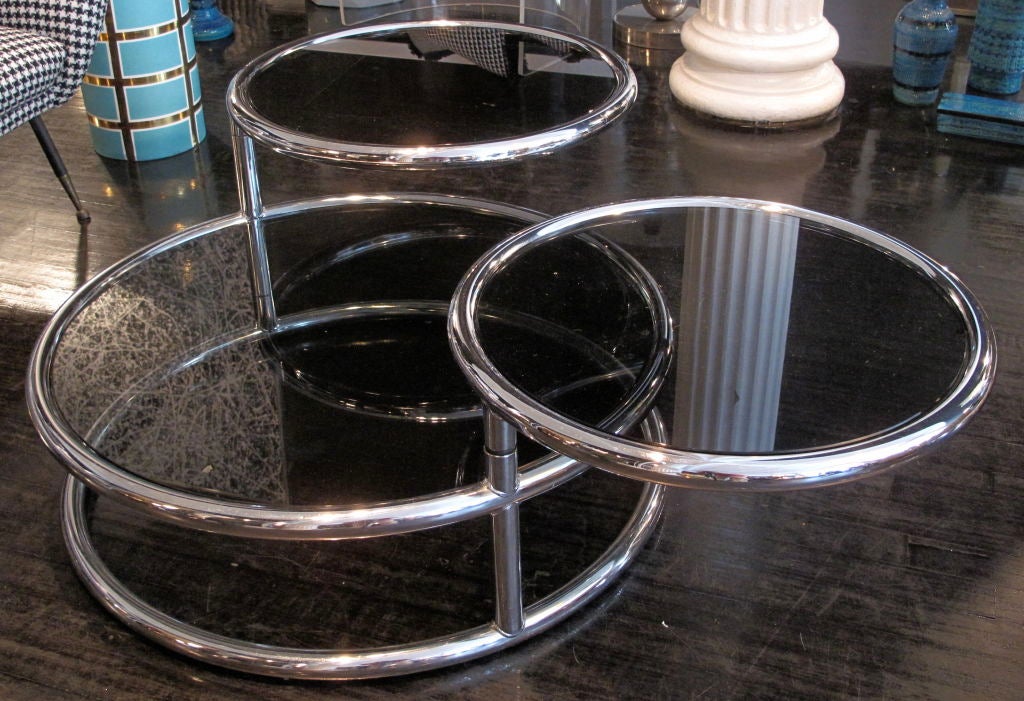American 1970's Glass and Chrome Coffee Table with Three Swivel Plateaus