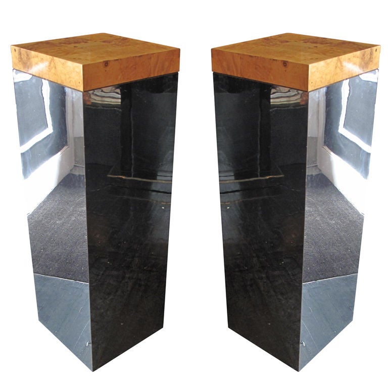 Pair of 1970's Milo Baughman Chrome Pedestals with Burlwood Tops