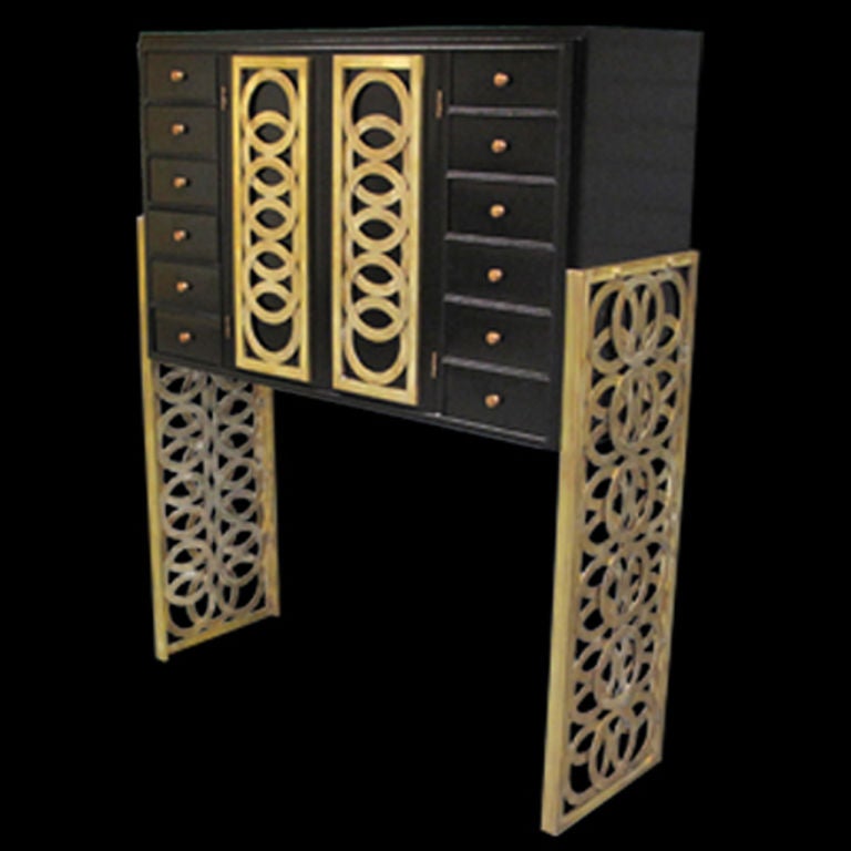 1970's French Deco Revival Black Lacquer Bar Cabinet
