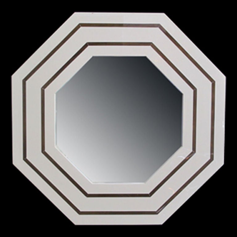 1970's French Ivory Lacquer Hexagonal Mirror