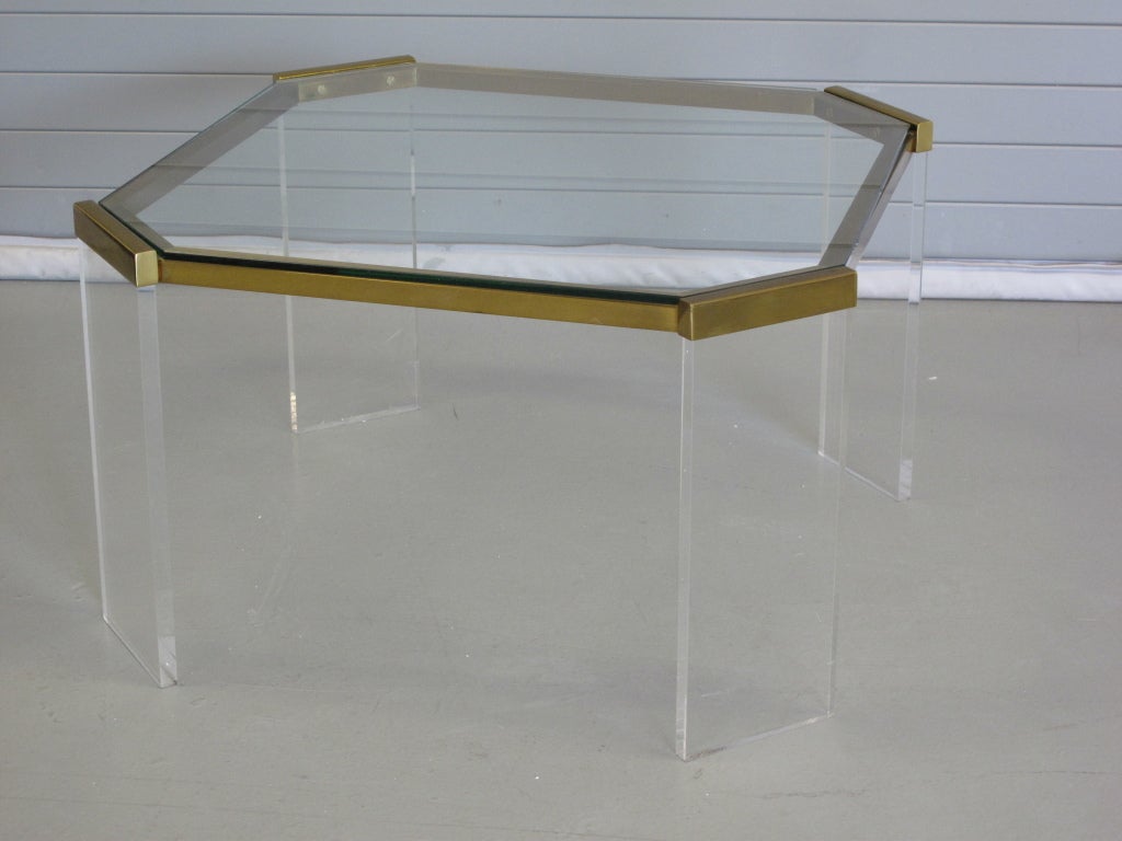 Brass Capped Plexi Leg Side Table with Glass Top