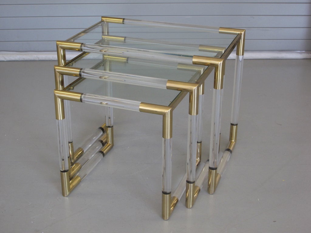 Round Lucite Bar and Brass Corner Nesting Tables