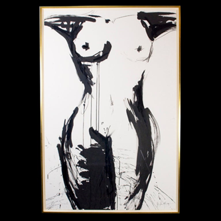 Abstract nude on paper by Jenna Snyder-Phillips. Executed in the artist's signature style of strong fluid brush strokes juxtaposed by bold lines and controlled drips, this piece is executed sumi ink, lacquer and charcoal stick.<br />
<br