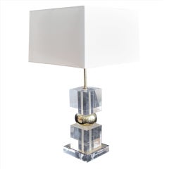 1970's Lucite Square Blocks and Brass Ball Column Table Lamp