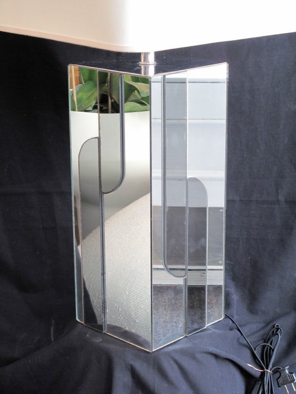 Vintage French Pierre Cardin mirrored table lamp with smoke glass detail.