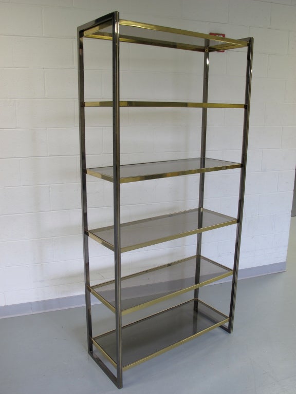 French 1970's Chrome and Brass Etagere with Smoked Glass Shelves
