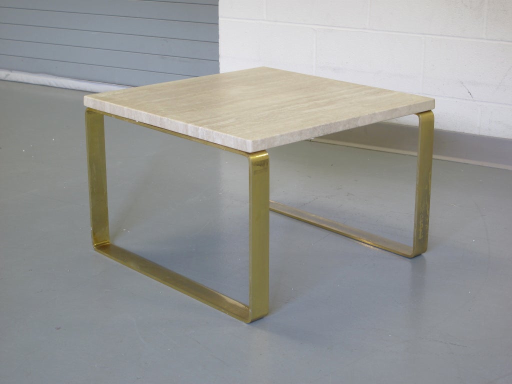 Pair of Vintage Square Travertine and Brass Side Tables
