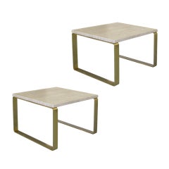 Pair of Vintage Square Travertine and Brass Side Tables