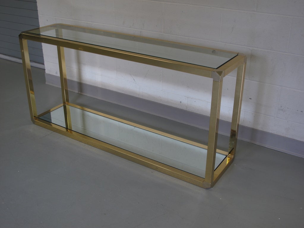Late 20th Century 1970s French Two-Tiered Brass Console Table with Faceted Corners