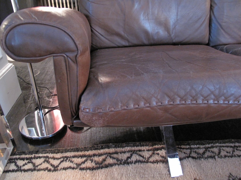 Swiss 1970's De Sede Tobacco Leather Sofa on Chrome Legs