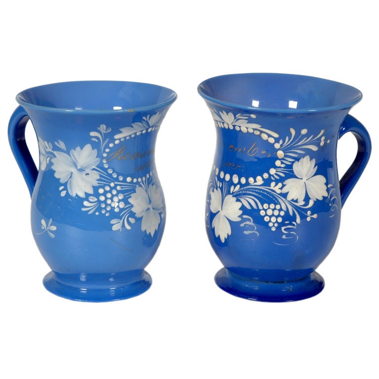 Pair of Blue Blown Glass Mugs For Sale