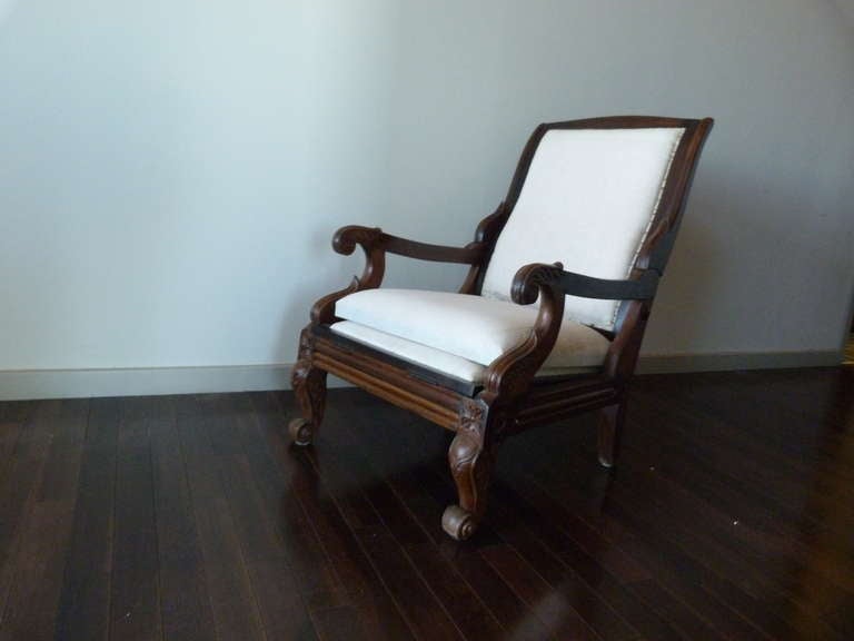 There are two of these mid-century chairs with muslin upholstered seat and back.