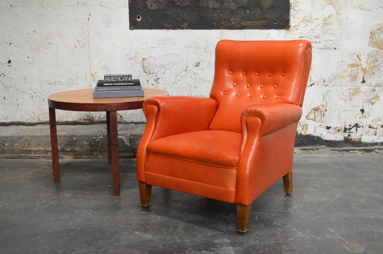 Vintage Swedish Orange Leather Lounge Chair 1
